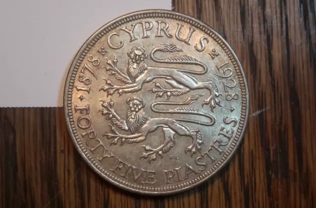 1928 Cyprus 45 Piastres High Grade Silver Crown AU++