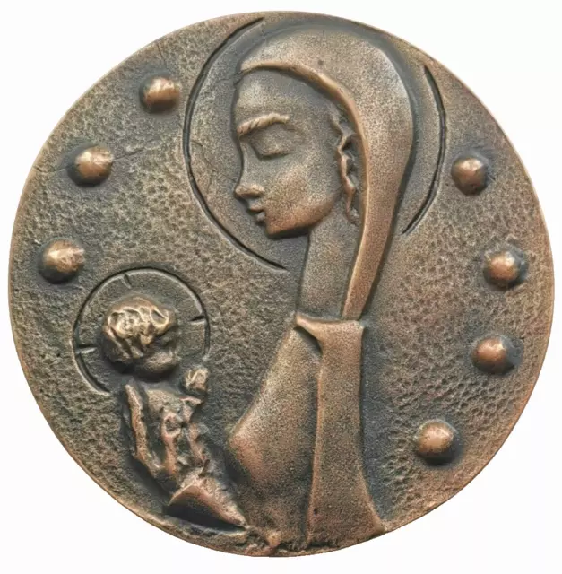 Medal. LARGE BRONZE CAST IRON (130 mm) - THE VIRGIN AND THE CHILD by PELLEGRIN