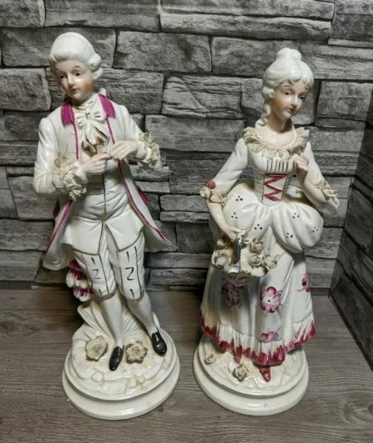 Antique Porcelain Large 14.5" Victorian Man And Woman Figurine Pair Art Statues