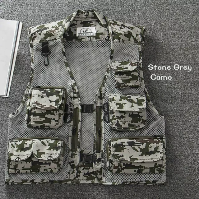 Mens Mesh Fishing Waistcoat Camo Gilet Outdoor Hunting Hiking Vest Summer