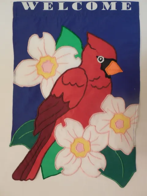 "WELCOME" Cardinal Red Bird & Dogwood Flowers, shaped around tail, Garden flag