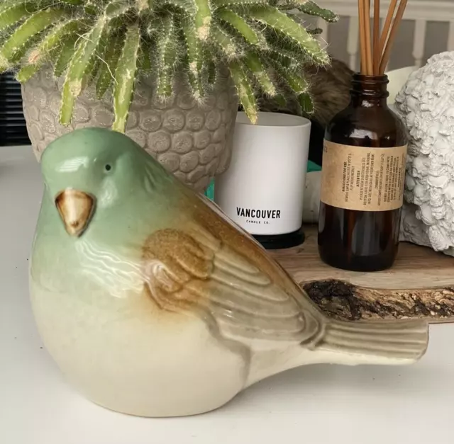 Glazed Ceramic Pottery Bird Figurine Green Brown Creme