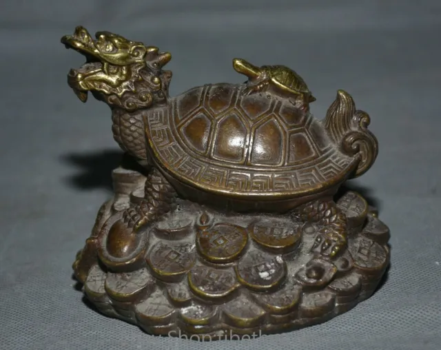 4.4" Old China Bronze Gilt Feng Shui Dragon Turtle tortoise Wealth Luck Statue