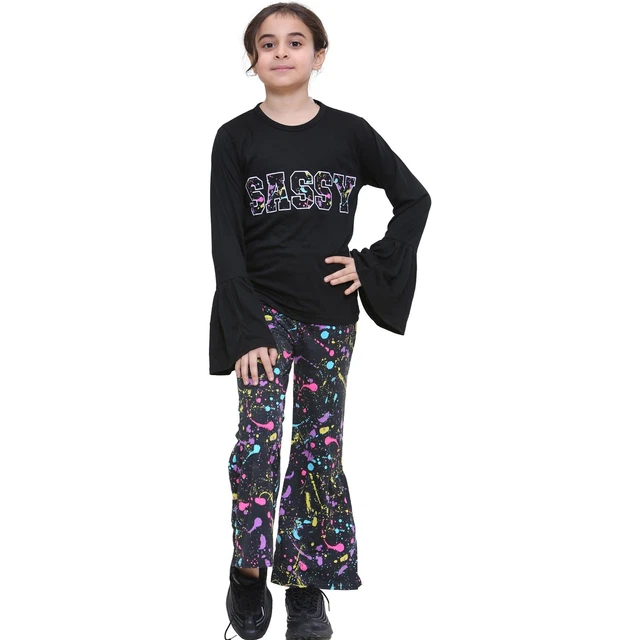 Girls Top Kids Flared Bell sleeves Sassy Print Black T Shirt Legging Outfit Set