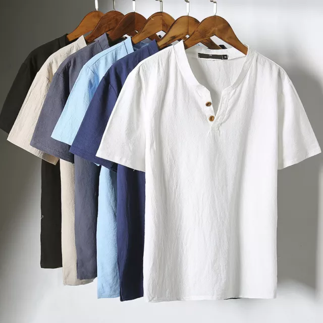Retro Men Casual Cotton Linen Short Sleeve V-Neck T-shirt Tops Blouse Tee New