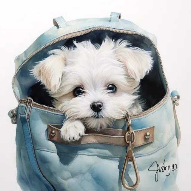 Watercolor Maltese in a Purse Painting Art Print 8x11 inch