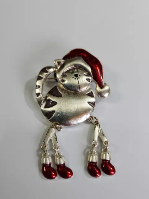 Cartoon Cat With Santa Hat Lapel Pin Brooch Large Size Dangling Legs