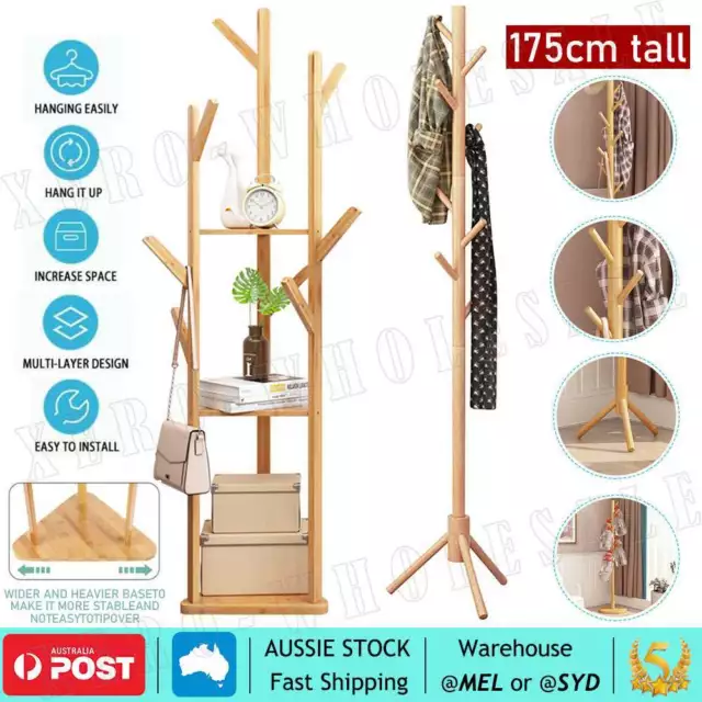 Clothes Coat Hat Rack Tree Stand Shelf Wooden Hanger Organizer 3 Layer 9 Hooks