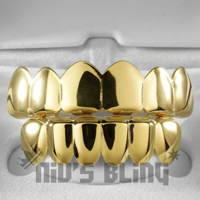 18K Gold IP Plated GRILLZ Top & Bottom Mouth Teeth Hip Hop STAINLESS STEEL Grill