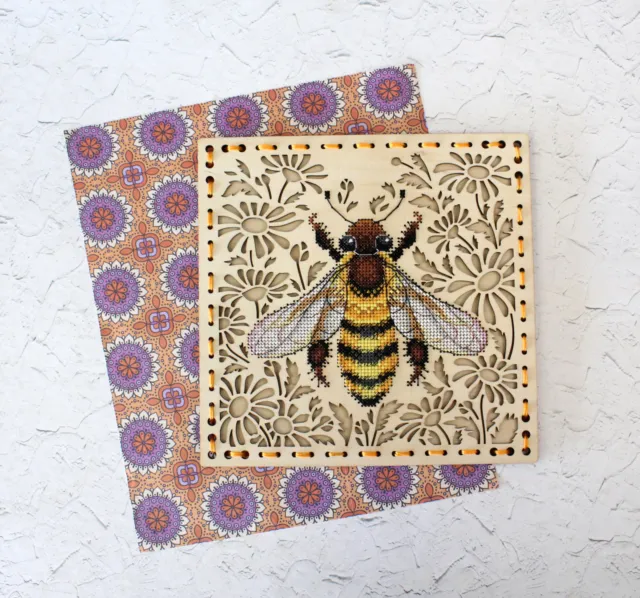 Bee on Wooden canvas Cross Stitch Kit