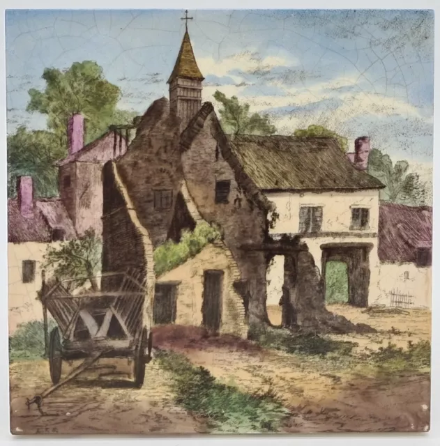 MINTONS VIEWS SERIES TILE-  'Ruins of Hougomont, Belgium' L.T Swetnam c1885