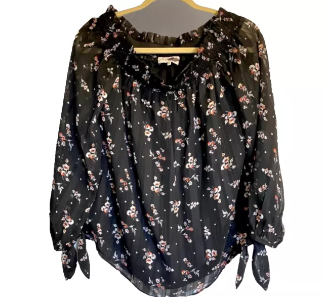 WAYF Womens Blouse Small Off Shoulder Floral Peasant Top Lined Black Orange