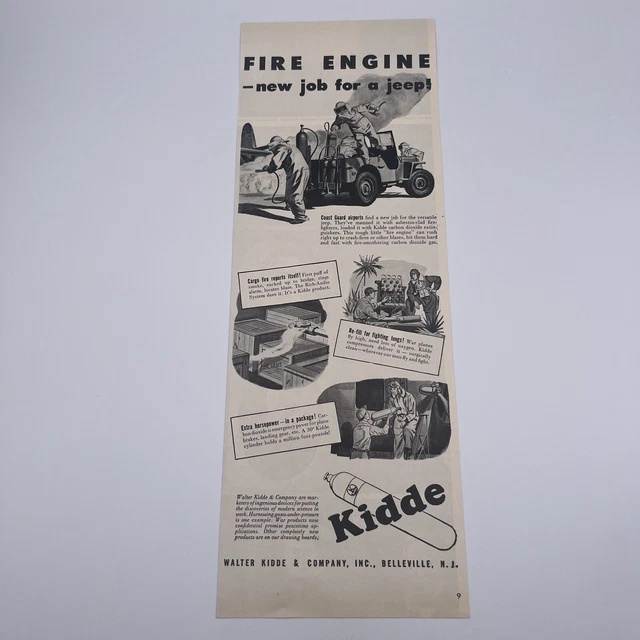 Kidde Cylinders 1944 Vintage Print Ad 5"x14" fire engine new job for a Jeep WW2