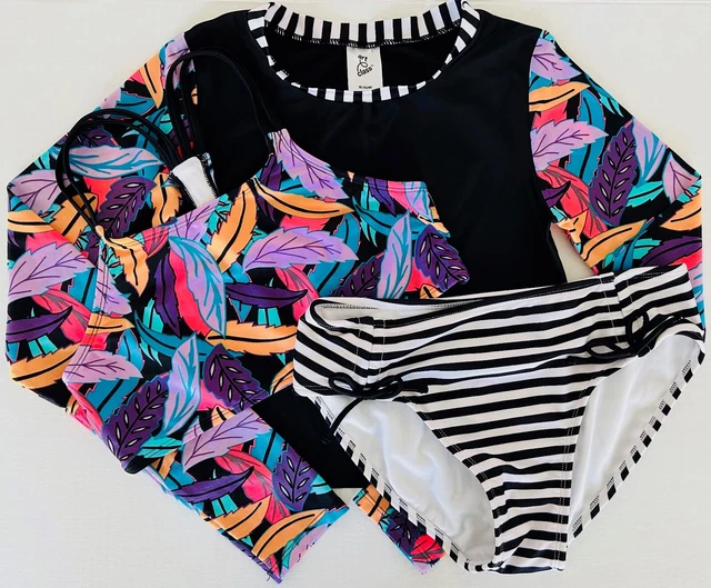 Art Class Girl Size 14 16 Bikini Rashguard 3-Piece Set Floral Striped Pattern