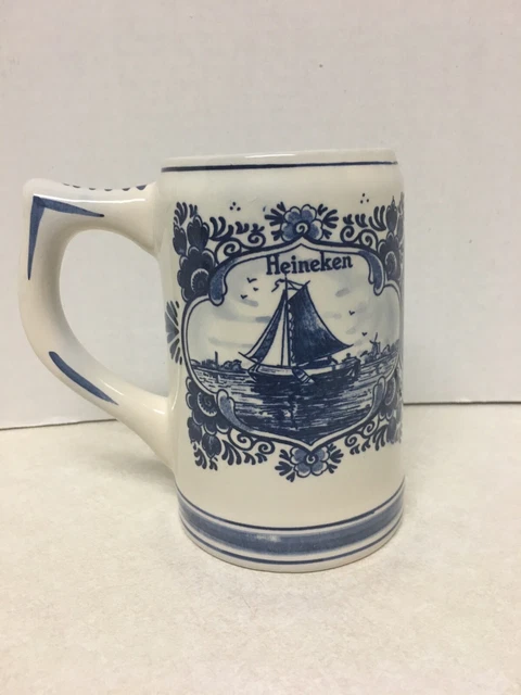 Delft Blue Hand Painted Heineken  Dutch Sailing Ship and Windmill Stein Mug 16oz