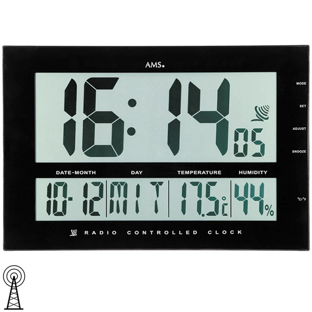 AMS 5895 Horloge Murale de Table Radio Noir Numérique Date Thermomètre Réveil