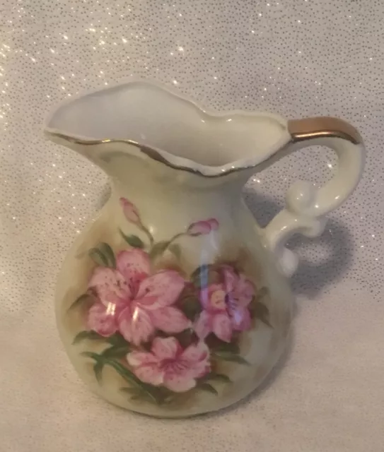 Vintage Hand Painted Floral Pitcher by Lefton #SL1286  Green w/Pink Flowers, EUC