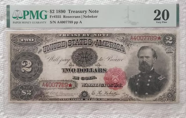 1890 $2 TREASURY NOTE - FR.355  Rosecrans / Nebeker PMG 20 VF "ORNATE BACK"