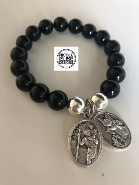 Black Agate Bracelet With St Christopher/Guardian Angel Safe Travel/Protection 2