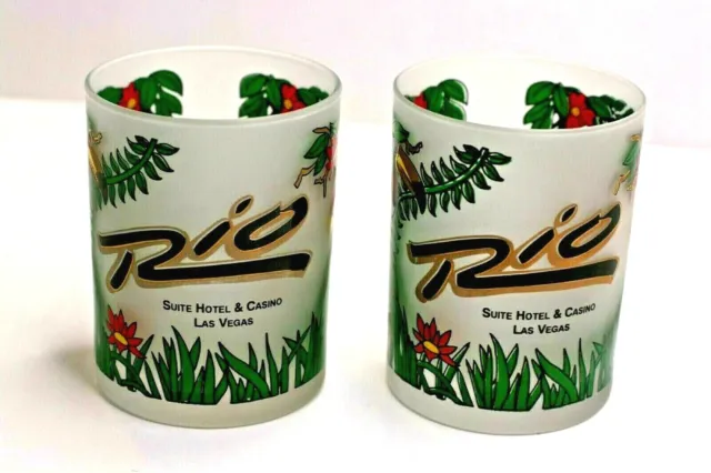 Vintage Rio Hotel Casino Las Vegas Tropical Tumblers 2 Souvenir Frosted Glasses