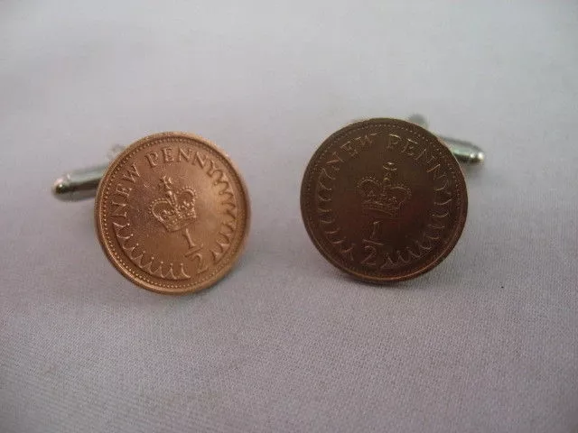 Vintage Mens Cufflinks: British New Penny Half Penny ~ Nice Condition ~