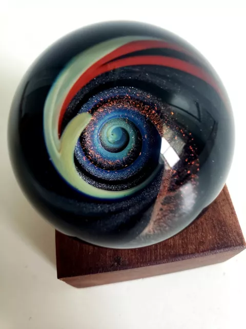 Signed Swirling Galaxy Art Glass Marble Paperweight on Stand J. Meinke 2009