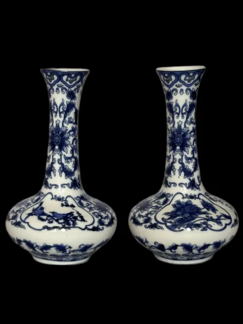 Charming Pair Of Vintage Chinese Blue And White Porcelain Vases Birds Flowers