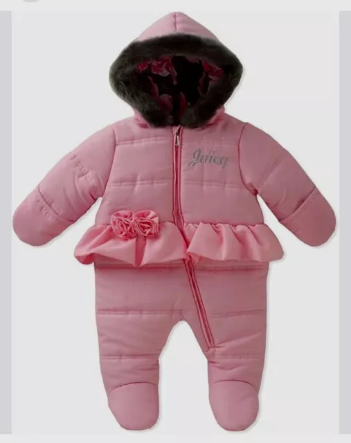 Juicy Couture Pink Ruffle Sherpa Snowsuit Applied Roses Newborn Girls 0-3 Months