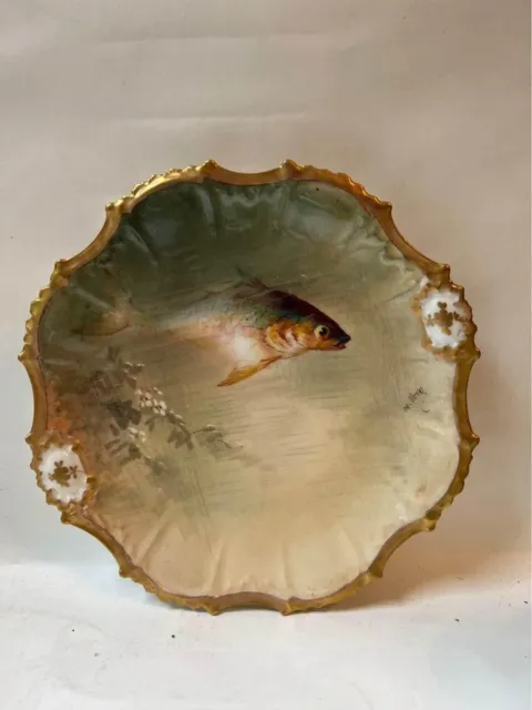L.R.L. Limoges France Porcelain Fish hand painted 9 1/2” Plate Gold Trim