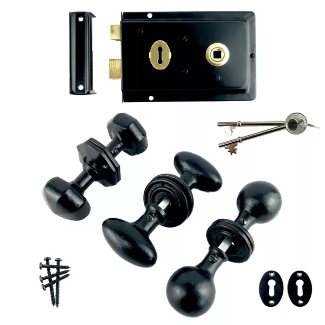 RIM LOCK BALL Oval Octagonal Black Cast Iron Door Knobs Traditional Cottage Set £12.49 PicClick UK