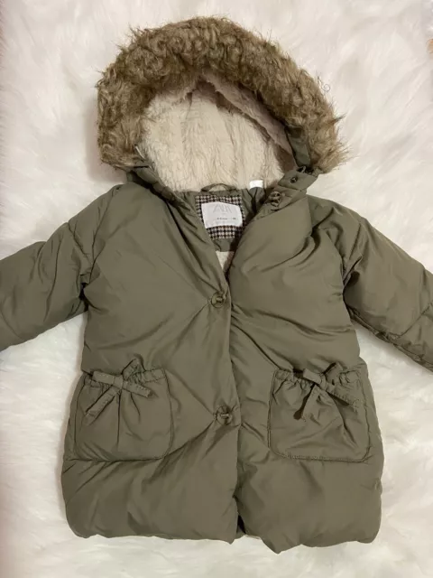 Zara Girls Olive Green Faux Fur Lined Hooded Parka Coat Jacket Size 2-3 Years