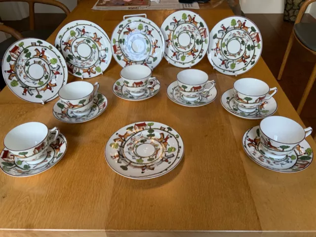 Crown Staffordshire Hunting Scene Tea Set. 18 pieces. Fine bone china.