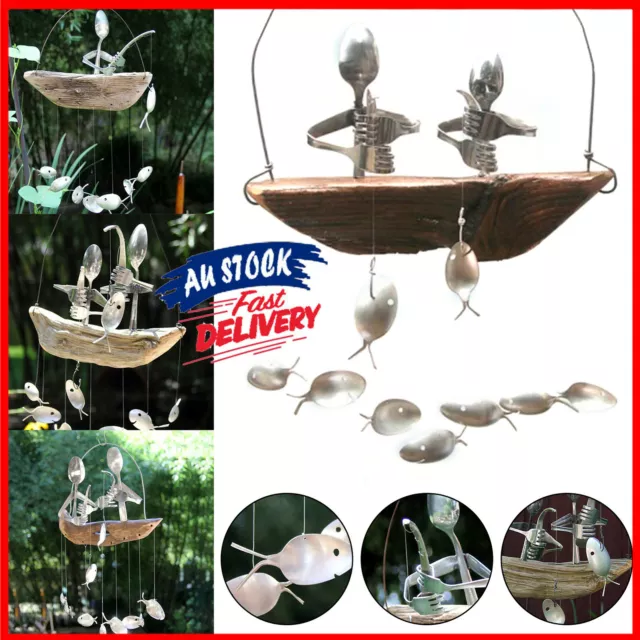 Fishing Man Spoon Fish Sculptures Wind Chime Home Hanging Ornament Decoration AU