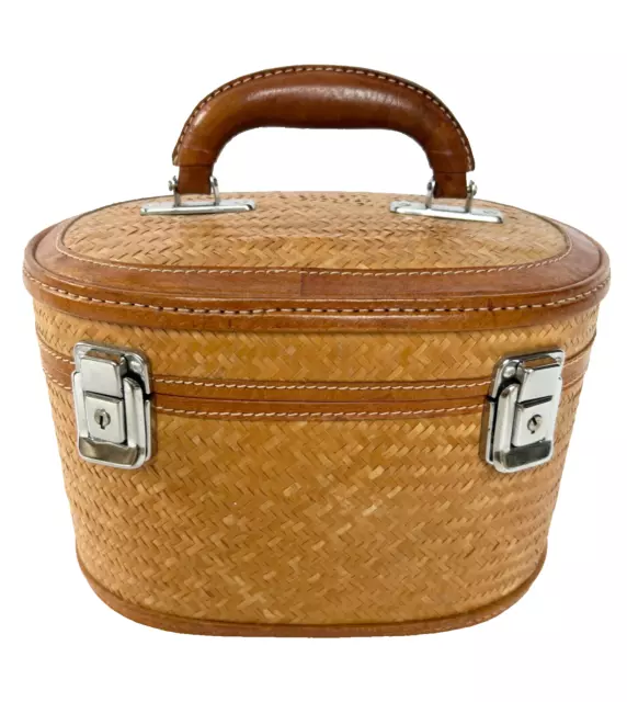 Panier 1940-60 en paille et cuir, malette de voyage ou à ouvrages, vanity bagage