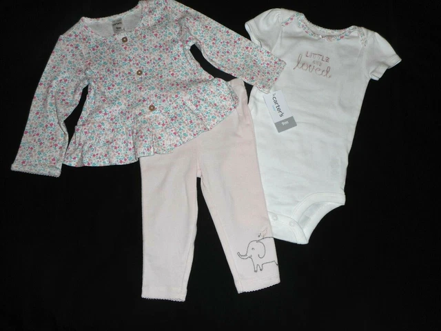 3-Piece Carters Elephant Floral Clothes Set - Infant Baby Girl Size 9 Months -