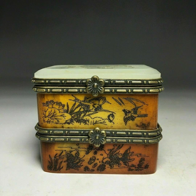 Chinese Old Ox inlay jade Hand Painted Lotus Crane Three open Jewelry Box
