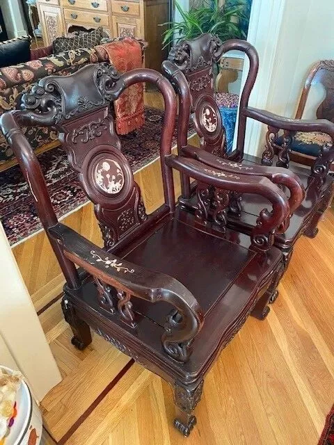 Pair Antique Chinese Foo Throne Chairs