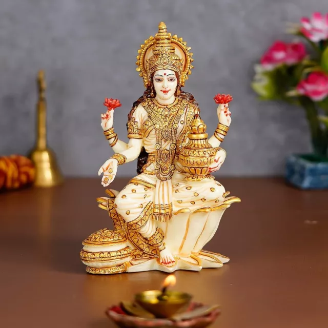 7"  Goddess Lakshmi Marble Idol Statue Marble Dust Goddess of Money & Wealth