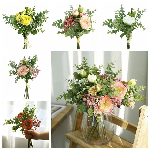 Gypsophila rosa flores realistas hojas de eucalipto decoración del hogar