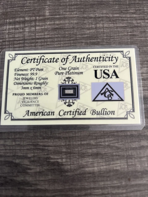 1 Grain Pure Platinum BULLION BAR 99.9 FINE W/ CERTIFICATE OF AUTHENTICITY BC