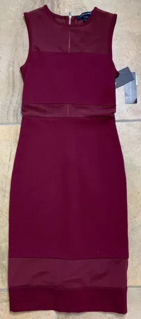 French connection women 4 Burgundy sleeveless Illusion MIDI Sheath dress AA