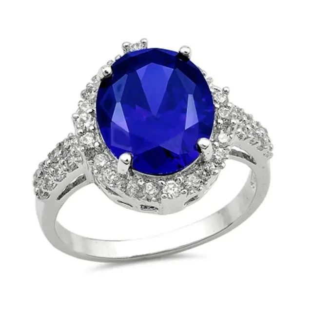 Sterling Silver .925 Blue Simulated Sapphire Clear CZ Wedding Engagement Ring