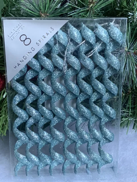 8 Ice Blue Glitter Hanging Spirals Christmas Tree Decorations Baubles 19cm