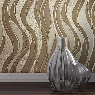 Modern textured Wave lines brown Gold Metallic Wallpaper embossed damask roll 3D