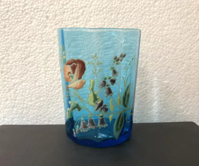 LEGRAS gobelet en verre bleu émaillé Décor floral Verrerie Art Nouveau 9,2 cm