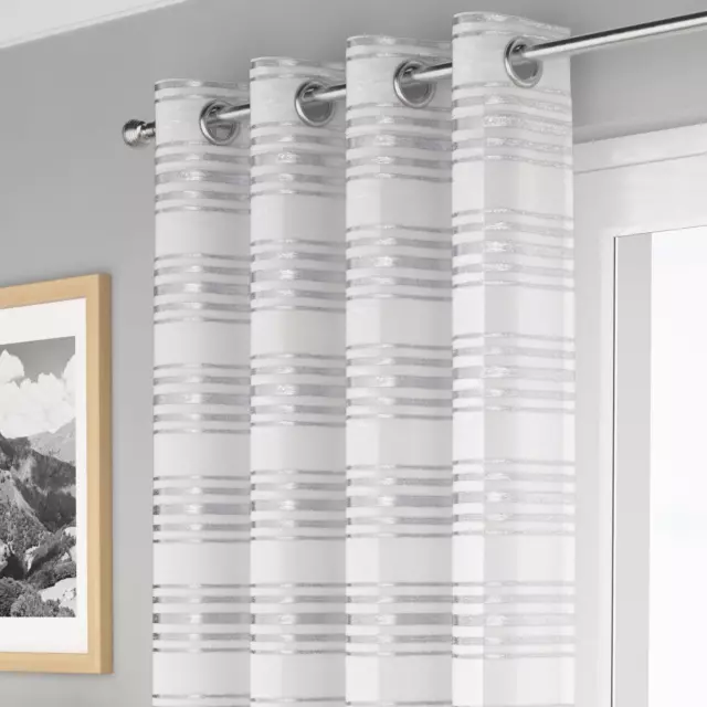 White Metallic Stripe Eyelet Voile Curtain Striped Ring Top Sheer Panels