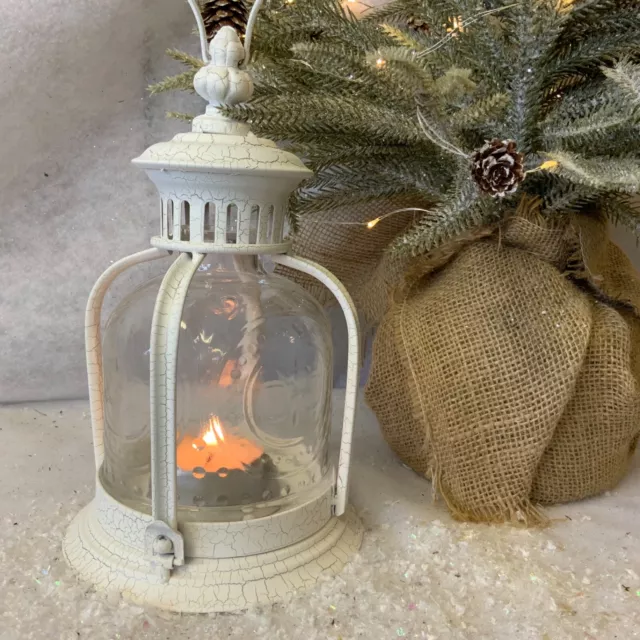 Old Style White Coche Glass Metal Lantern Fleur de Lys French Country Candle