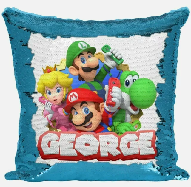 PERSONALISED SUPER MARIO Any Name Magic Reveal Sequin Cushion