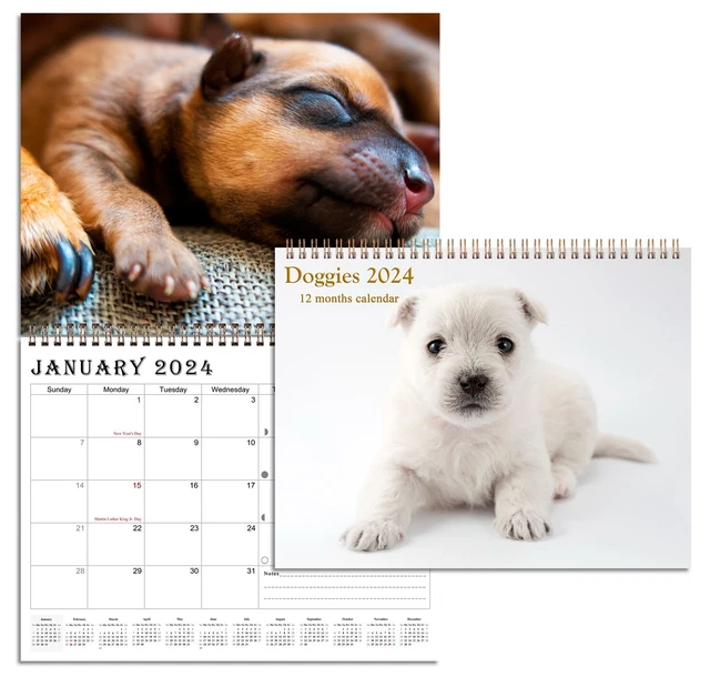2024 SPIRALBOUND WALL Calendar (Puppies Dogs) 12 Months Desktop