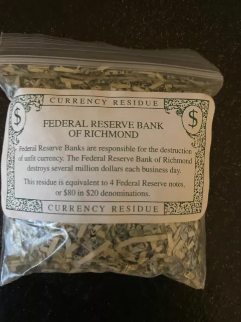 $80 Shredded Money Bag Federal Reserve Bank of Richmond Currency Residue US Bil